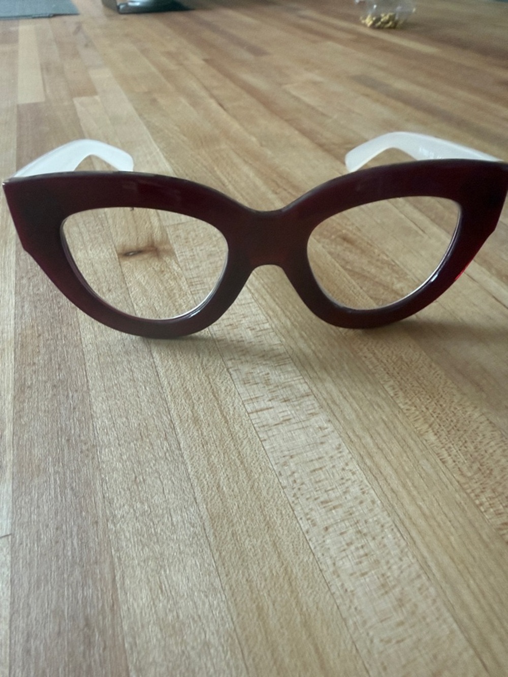 Women's Red Cat Eye Glasses with White Temples, 1.5 readers